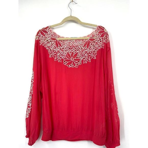 Anthropologie Leifnotes Coral/White‎  Vaoltta Semi Sheer Peasant Top Size 8 - Picture 8 of 8